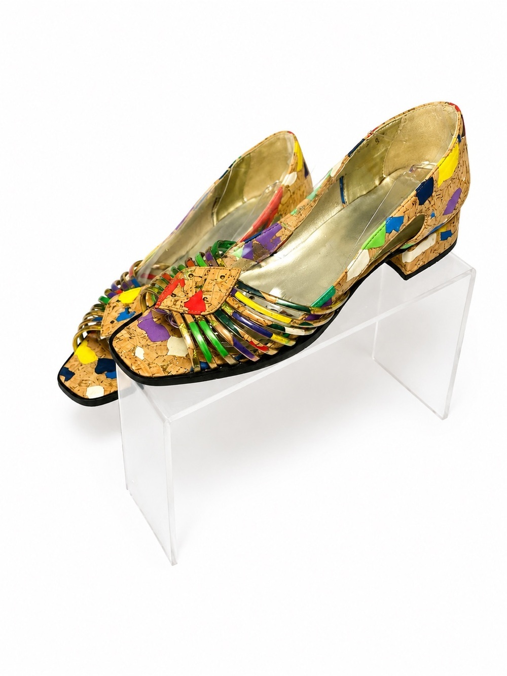 Vintage Margaret J Multicolor Cork Mosaic Slingback Heels|Artistic Wearable Art